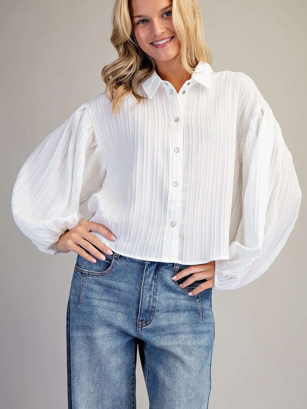 Bubble Sleeve Button Down Blouse-White